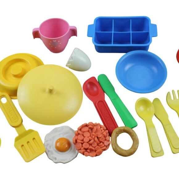 Vintage Play Food Fisher Price Dishes Ice Tray Utensils Eggs Ladle Spatula 1980s - Picture 1 of 13
